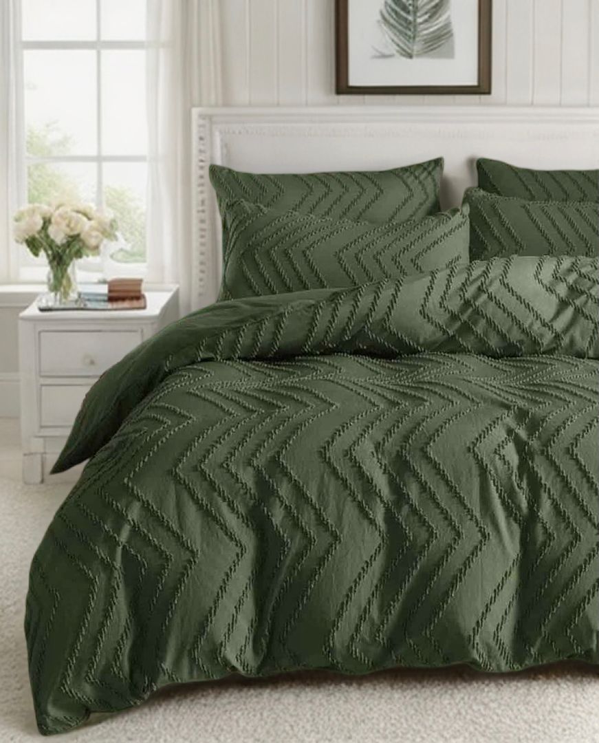 NNEDSZ Tufted Boho Wave Quilt Cover Set- Dark Green - King Size
