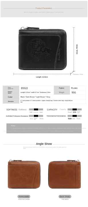 NNEDSZ Dark Brown Men's Leather Wallet with Zipper and Horse Embossed Design - Compact and Stylish-3