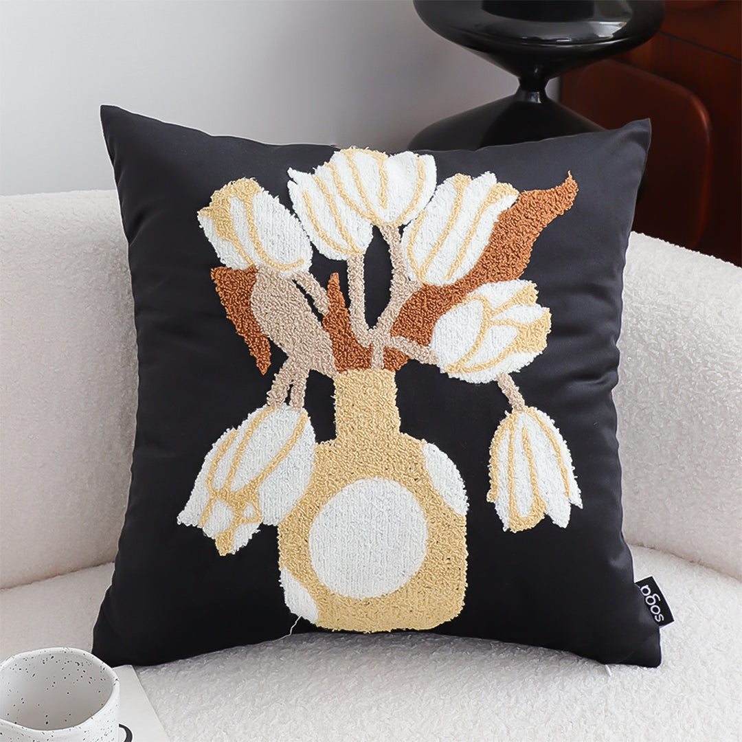 SOGA 45cm Black White Gold Floral Vase Embroidered Throw Pillow