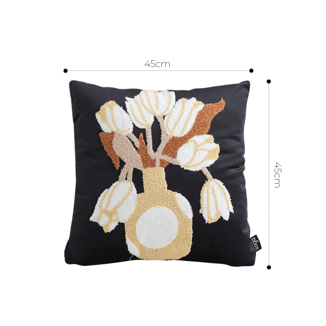 SOGA 45cm Black White Gold Floral Vase Embroidered Throw Pillow
