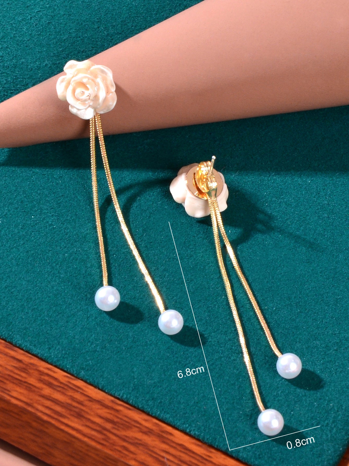 Romantic Resin Flower Pearl Charm Long Gold Chain Pendant Earrings Women Date