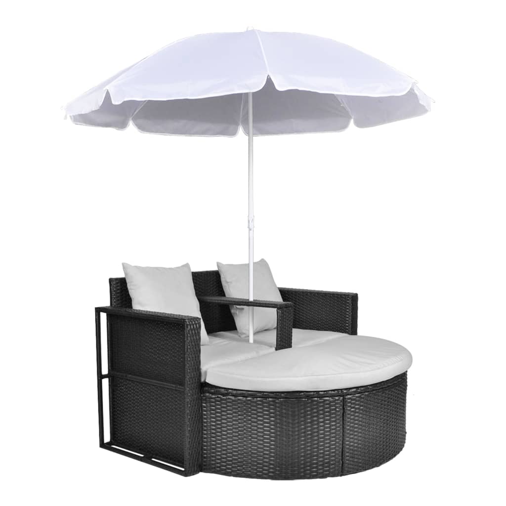 NNEVL Garden Bed with Parasol Black Poly Rattan