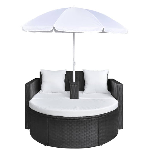NNEVL Garden Bed with Parasol Black Poly Rattan