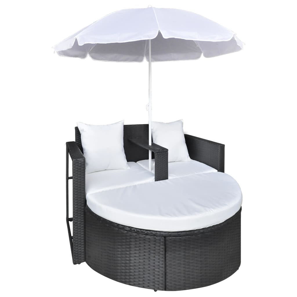 NNEVL Garden Bed with Parasol Black Poly Rattan
