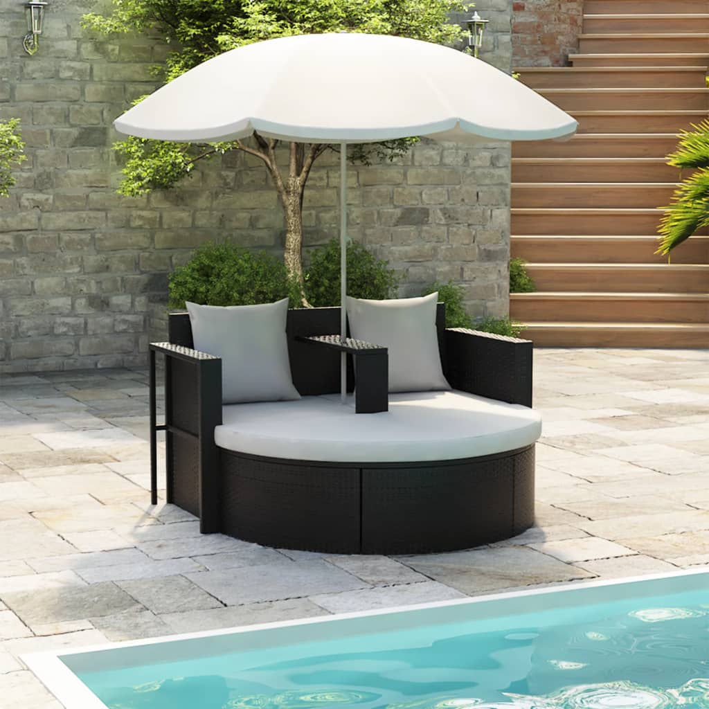 NNEVL Garden Bed with Parasol Black Poly Rattan
