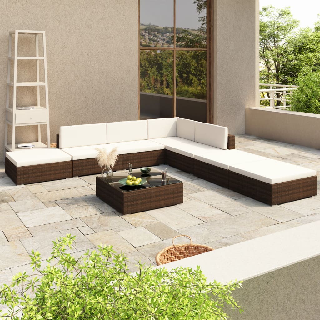 NNEVL 8 Piece Garden Lounge Set with Cushions Poly Rattan Brown
