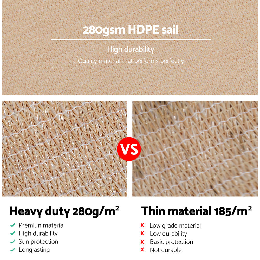 Instahut Shade Sail 5x5m Square 280GSM 98% Sand Shade Cloth