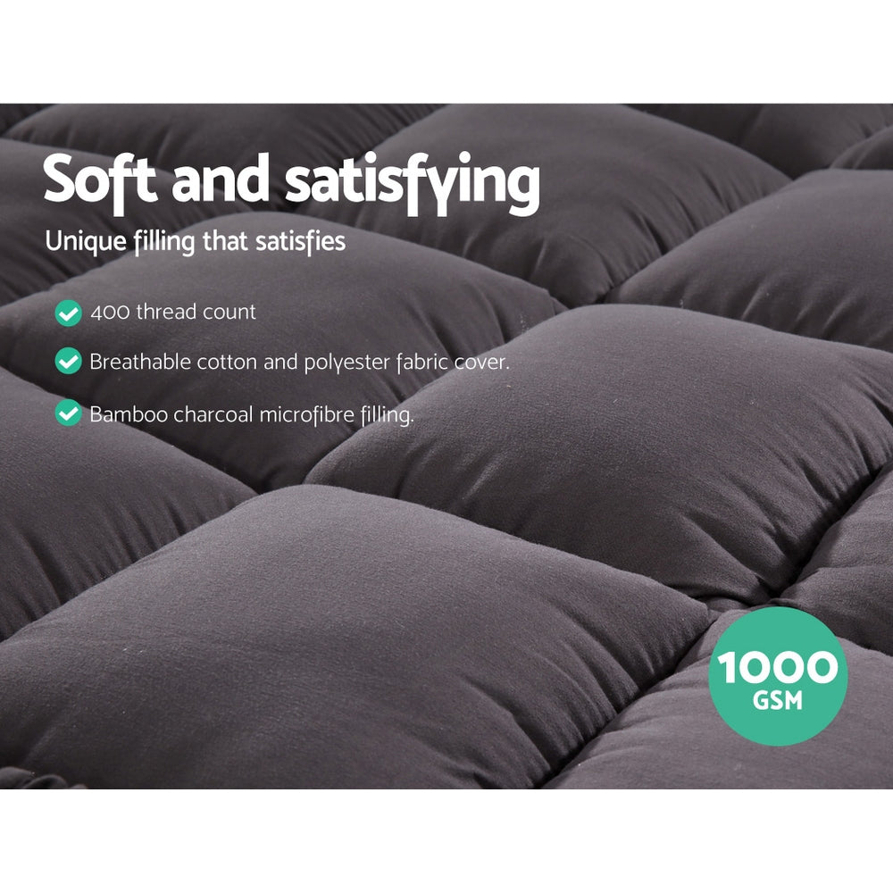NNEDSZ King Mattress Topper Pillowtop 1000GSM Charcoal Microfibre Bamboo Fibre Filling Protector