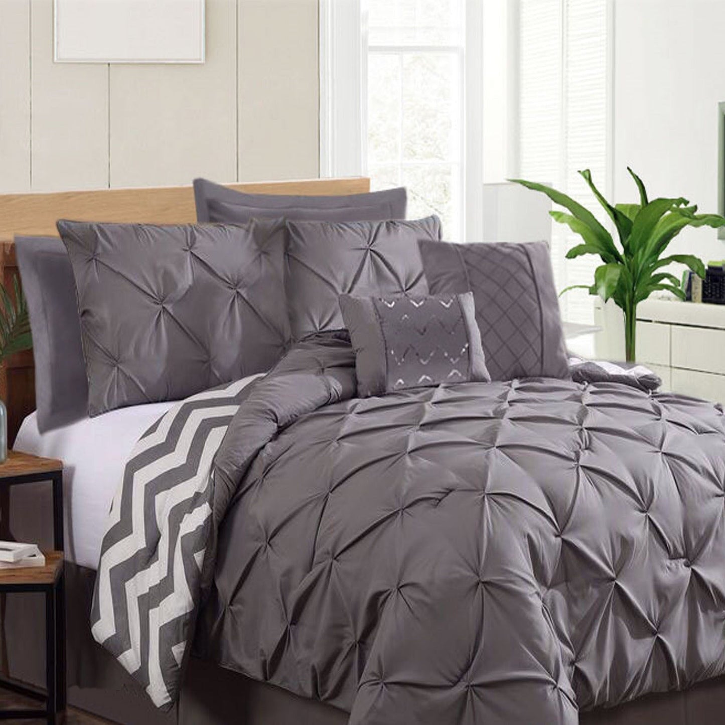 NNEDSZ 7 Piece Pinch Pleat Comforter Set Charcoal King