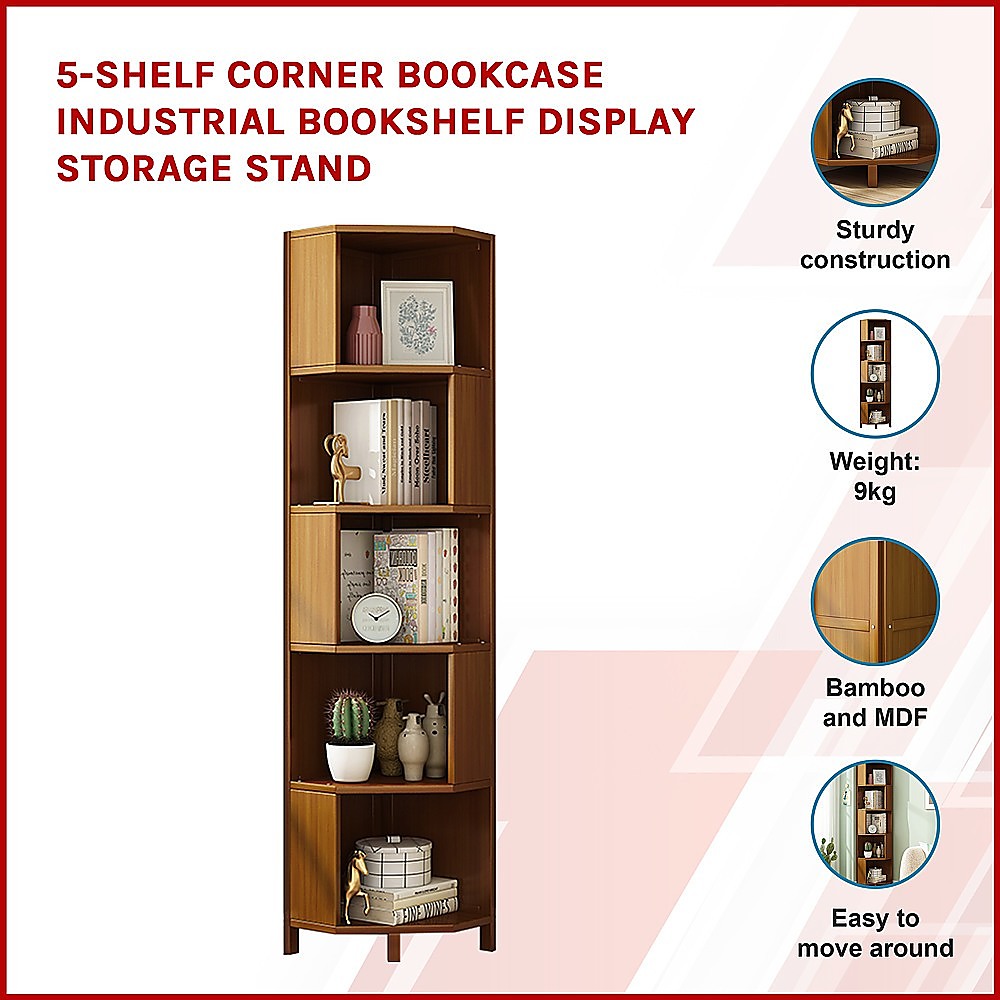 NNEDSZ 5-Shelf Corner Bookcase Industrial Bookshelf Display Storage Stand