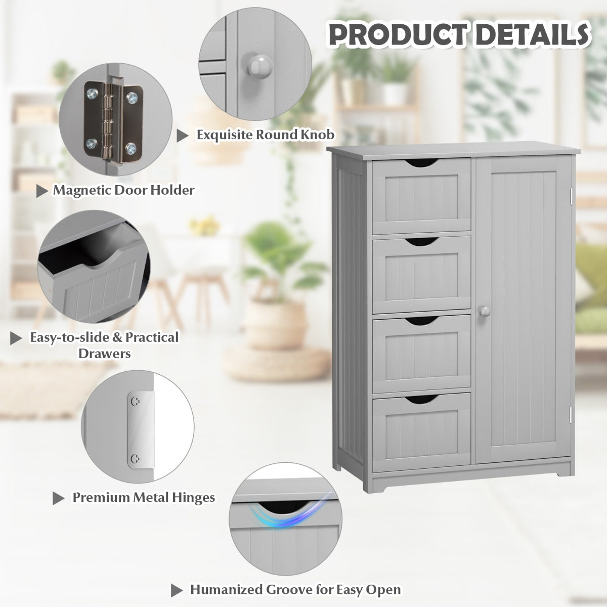 NNECW Wooden Floor Cabinet with 4 Drawers for Bathroom Hallway-Gray