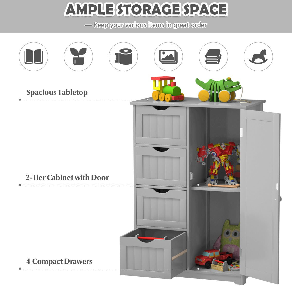 NNECW Wooden Floor Cabinet with 4 Drawers for Bathroom Hallway-Gray