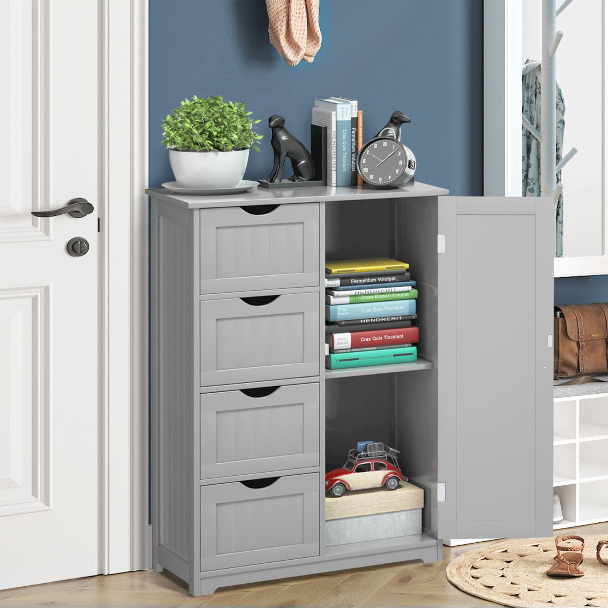 NNECW Wooden Floor Cabinet with 4 Drawers for Bathroom Hallway-Gray