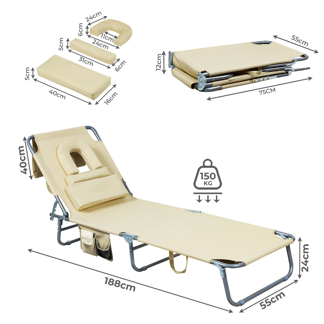 Levede Foldable Beach Lounge Chairs with Face Hole Khaki