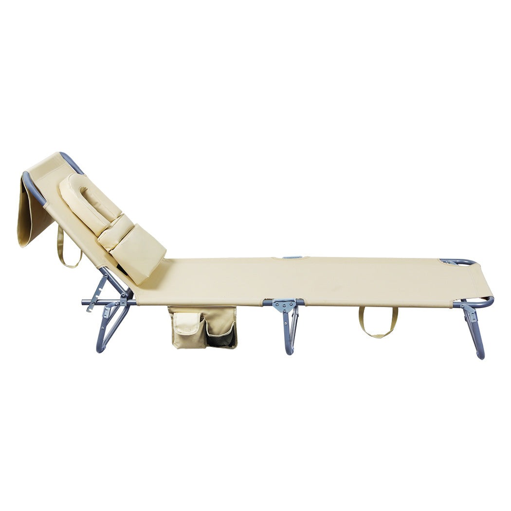Levede Foldable Beach Lounge Chairs with Face Hole Khaki